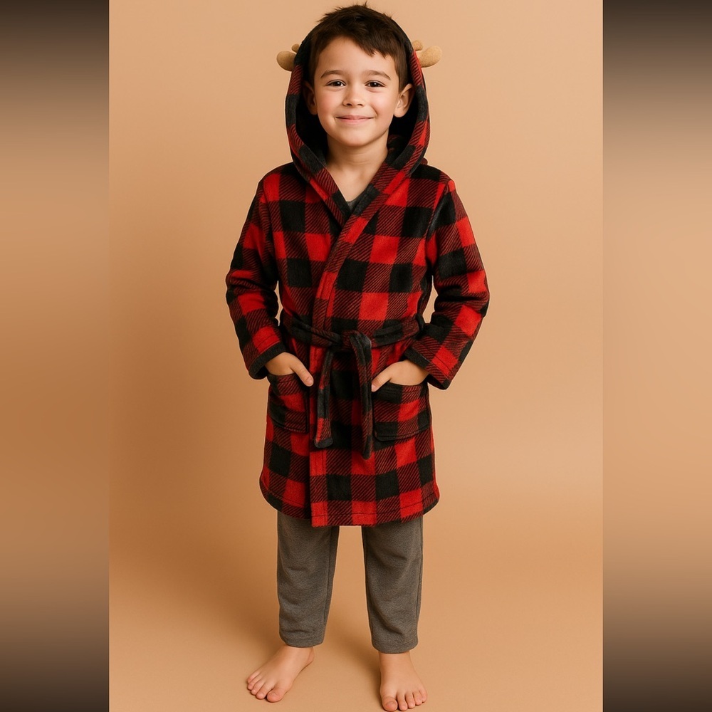 Cuddl Duds Kids Buffalo Plaid Fleece Hooded Robe w/ Antlers L (12/14)